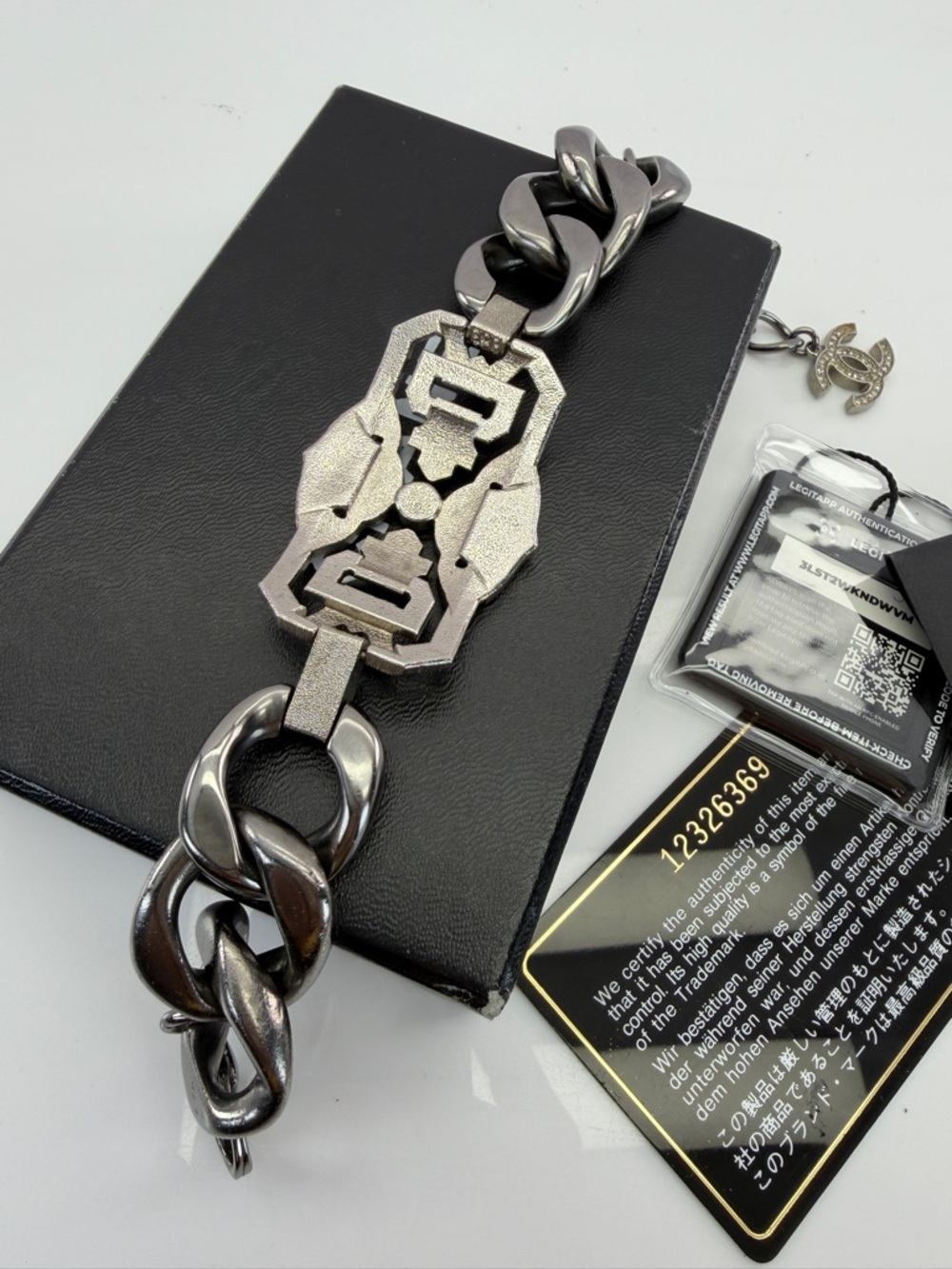CHANEL Ruthenium Gunmetal and Crystal Art Deco Bracelet with CC Charm - Picture 8 of 14